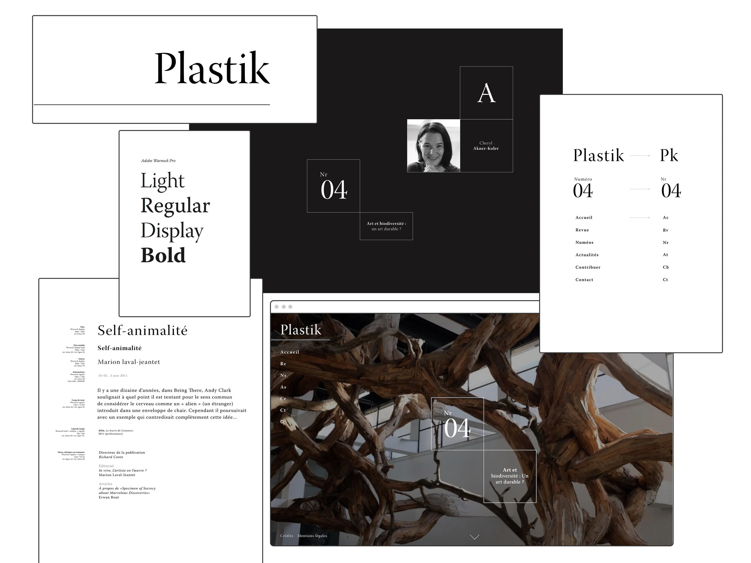 STYLE GUIDE / Counter-clockwise from top left: One version of the new logo. The graphic identity is loosely based on the periodic table but the logo is kept very simple to allow for the valorization of the photographic image throughout the review. / The font styles used on web and print / The font hierarchy shown within an article / An example of a full-screen cover image used for each issue / The abbreviation system used for the logo and menu / The grid system for various elements throughout the site and the branding.