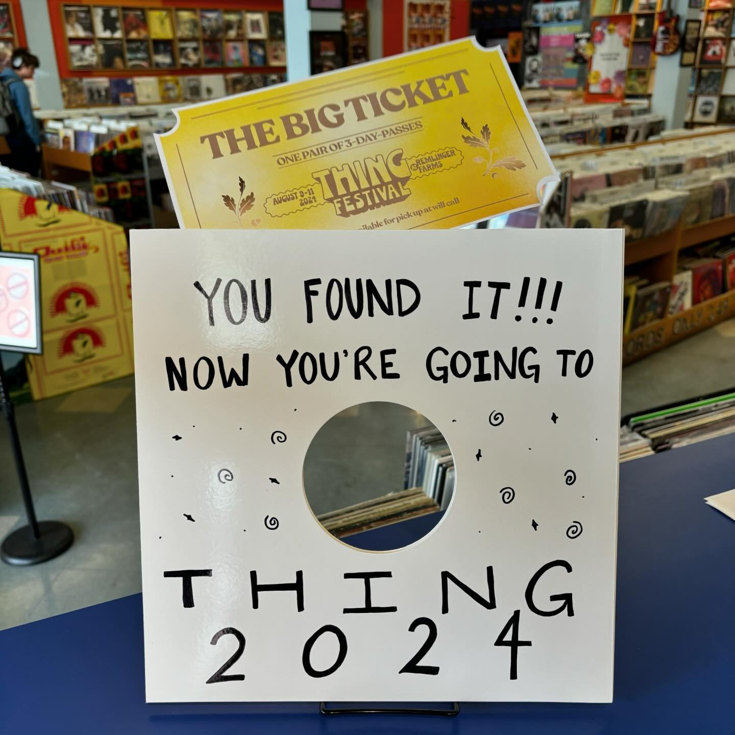 Take note! On Record Store Day Saturday, the great hunt for the THING 2024 Golden Ticket begins! Somewhere hidden in the store will be a golden ticket that grants you a pair of 3 day passes to THING 2024 at Remlinger Farms this August! 🎟🎟
Your one 