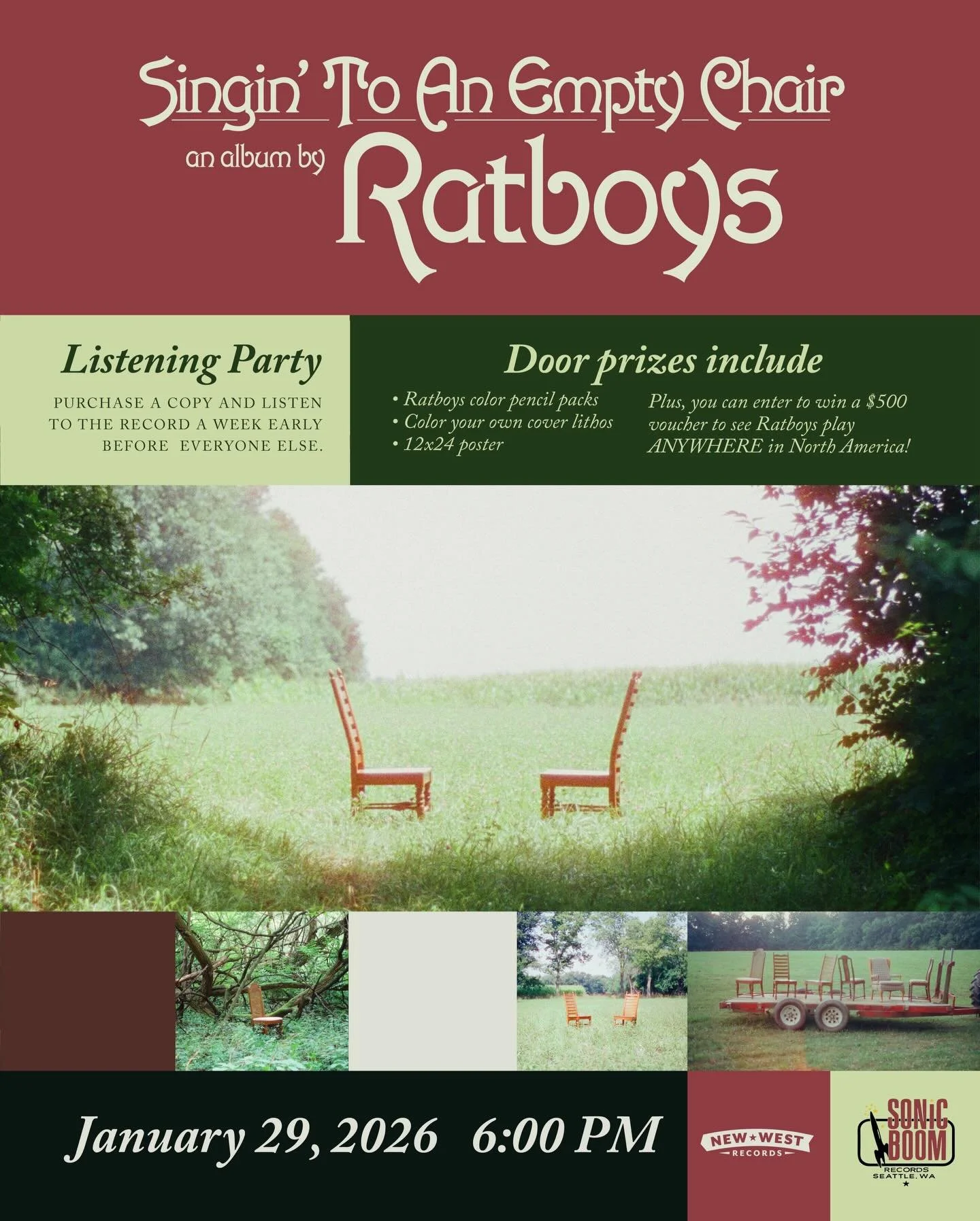TOMORROW 1/29 @ 6 PM! Come have a first listen to the new Ratboys record Singin&rsquo; to an Empty Chair and take home your own copy a week before everyone else! Plus prizes galore!