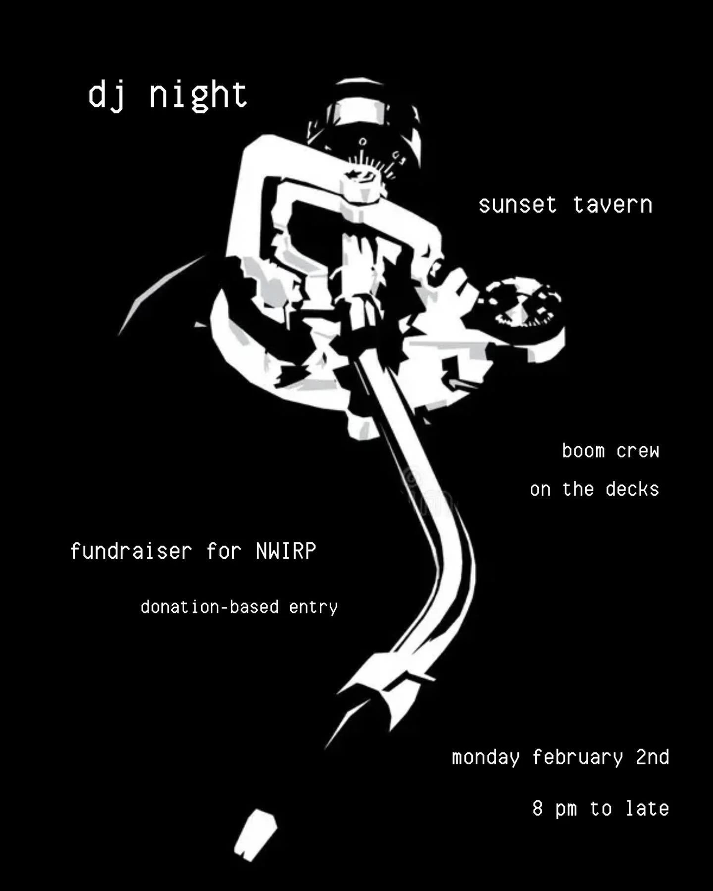 On Monday night, the Boom crew will be spinning records at Sunset Tavern to fundraise for Northwest Immigrant Rights Project. 

Sets start at 8pm and will go &lsquo;til late.

Donation-based entry, all funds collected will go towards @n.w.i.r.p 

Mor