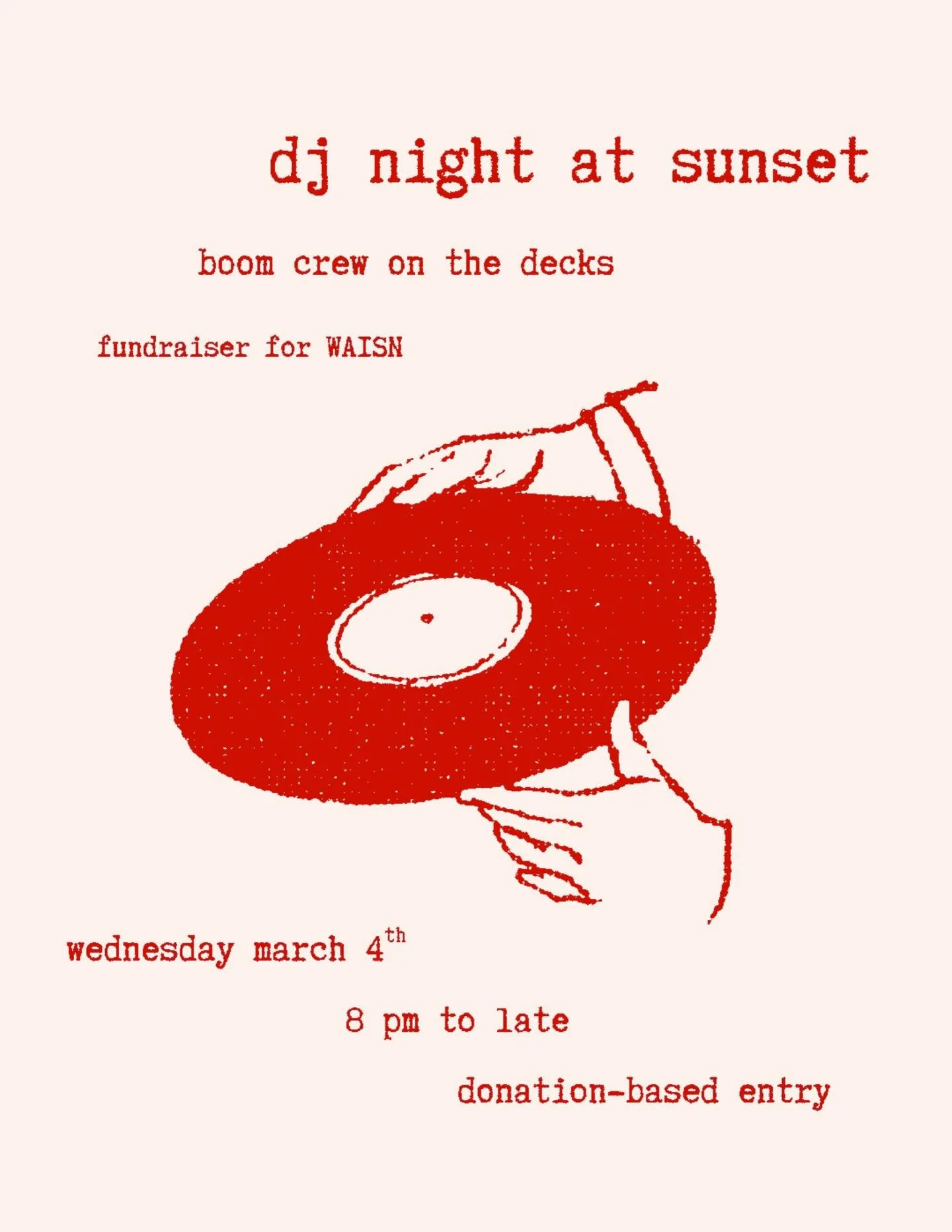 We will be hitting the decks at Sunset Tavern once again, this time raising funds for @waisn_org 🎵🎶

Wednesday March 4th
8 p.m. to late 

See you there!