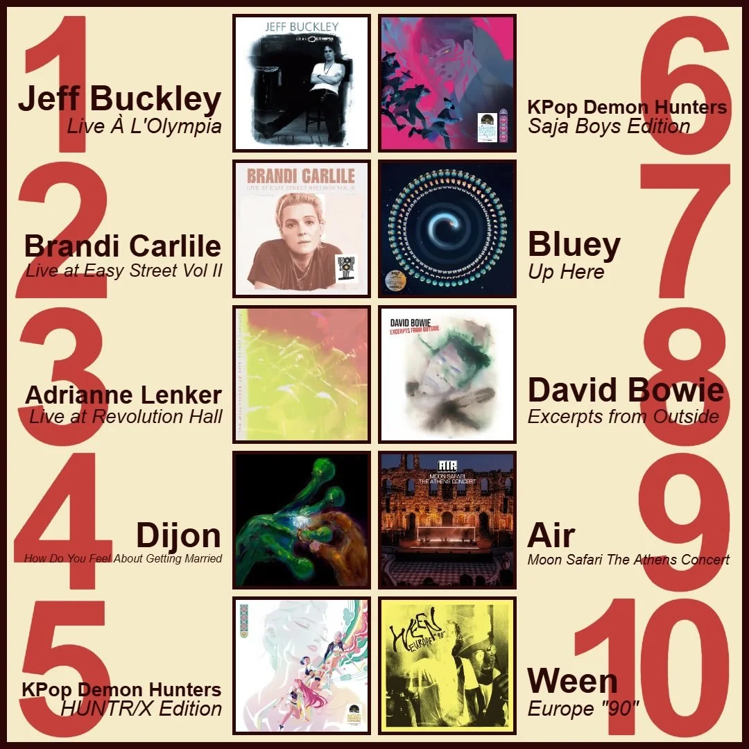 ✨ Our RSD weekend best sellers! ✨
1️⃣ Jeff Buckley - Live &Agrave; L&rsquo;Olympia 
2️⃣ Brandi Carlile - Live at Easy Street Vol II
3️⃣ Adrianne Lenker - Live at Revolution Hall
4️⃣ Dijon - How Do You Feel About Getting Married
5️⃣ KPop Demon Hunters