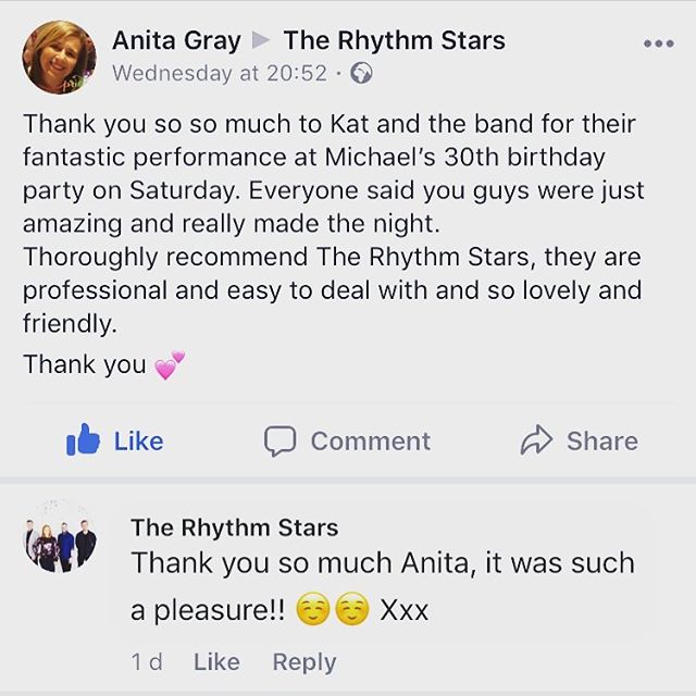 Huge thanks to Anita for her kind words ☺️👏🏻🎶
#review #testimonial #goodreview #music #band #birthdayparty #partyband #thankyou #hireaband