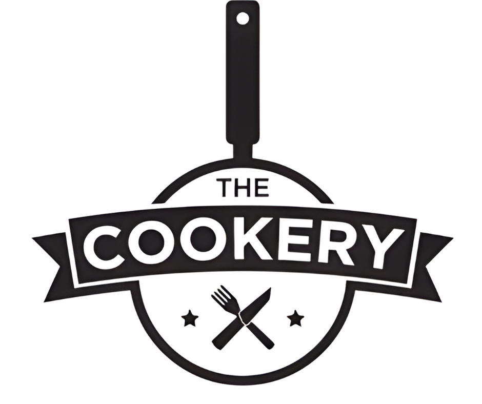 Logo of The Cookery featuring a frying pan with the text, a fork, a knife, and two stars.