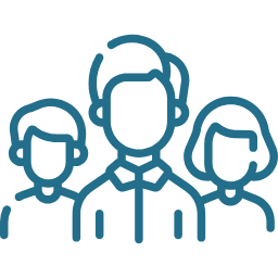 Outline drawing of three people, with a focus on the central figure, all wearing headphones.