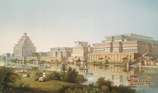 Illustration of Assyrian palaces from The Monuments of Nineveh by Sir Austen Henry Layard, 1853.