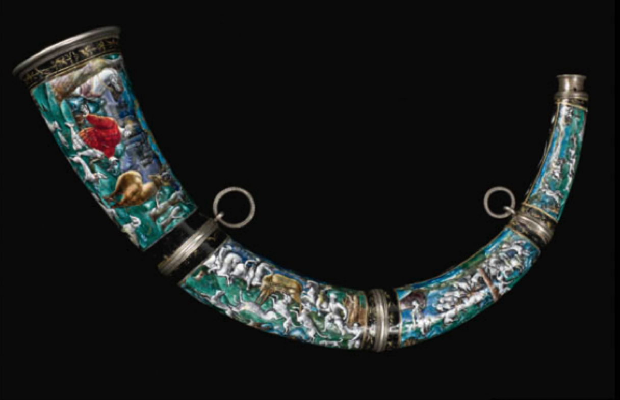 Limoges Hunting horn depicting the conversion of St. Hubert in the forest.