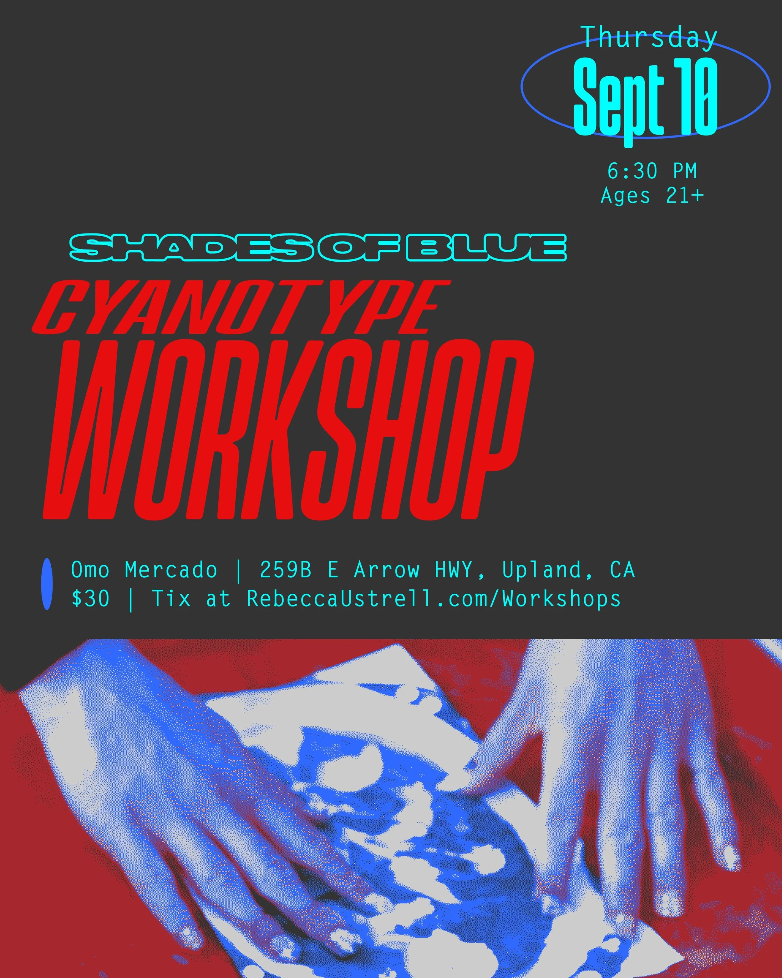 Back at Omo for an experimental photo lab session on Sept 10 at 6:30 PM for Shades of Blue 🔵 Cyanotype Workshop. Tickets now available at RebeccaUstrell.com. Ages 21+, $30/person covers four cyanotype prints with hands-on instruction. 

Participants