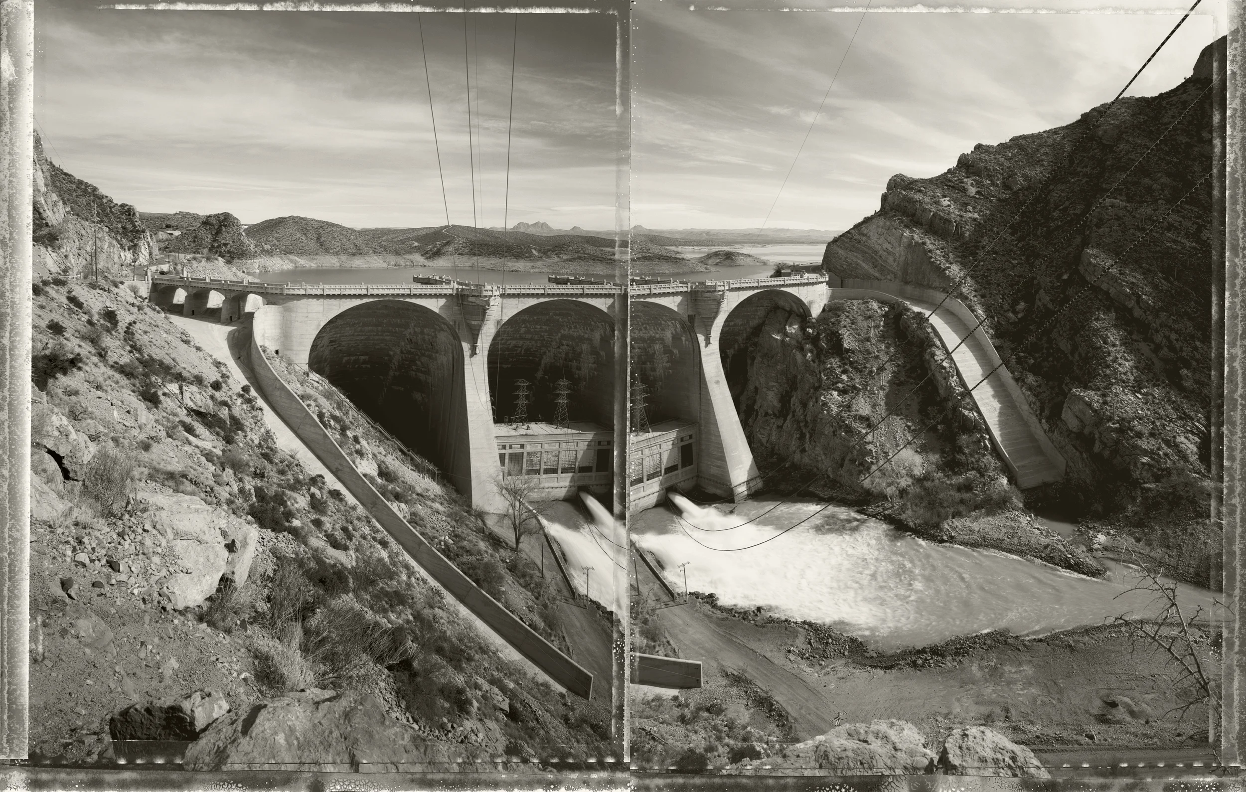 Coolidge Dam with powerhouse, looking upstream spanning the Gila, Arizona (diptych), 1989