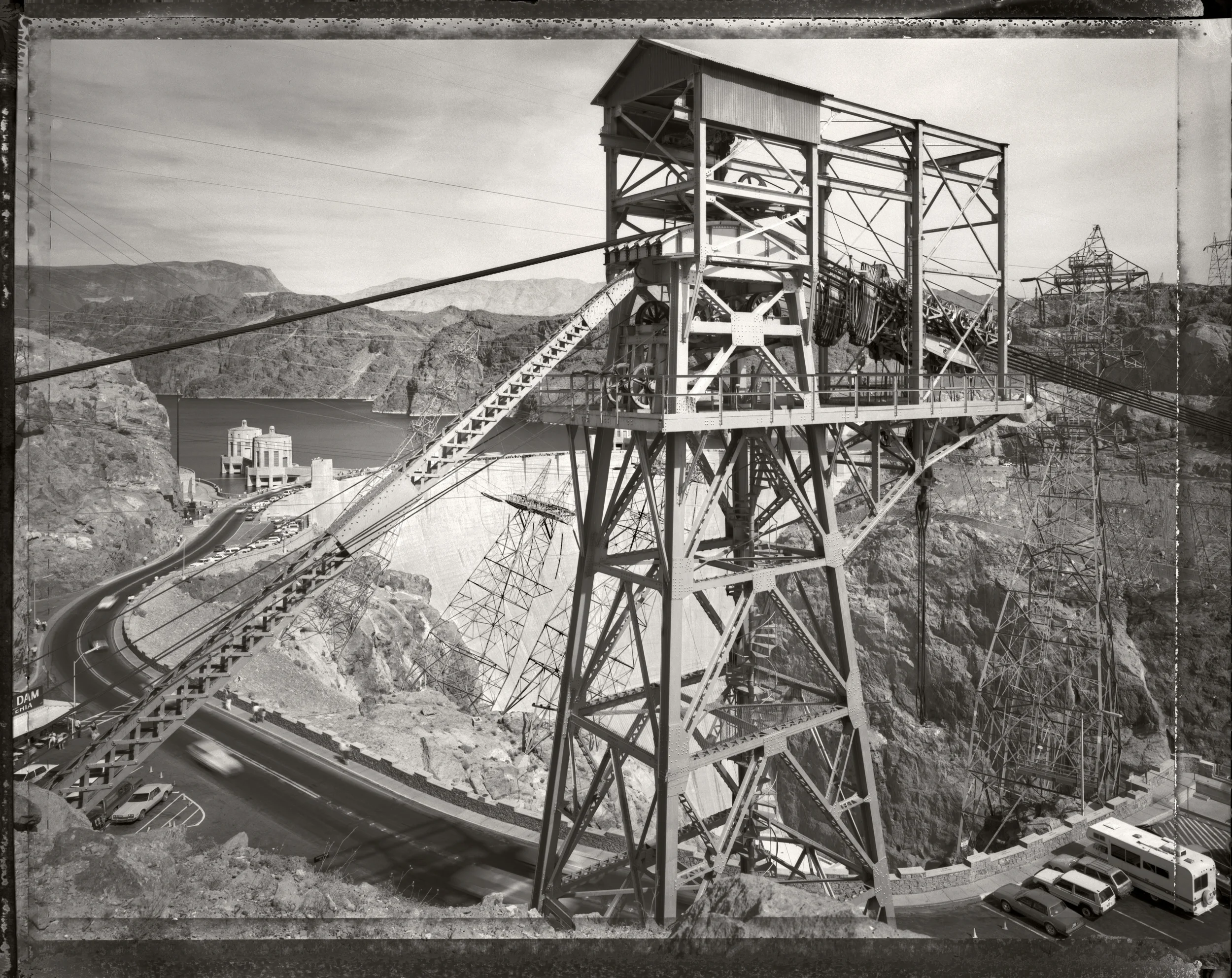 Hoover Dam site on the Colorado, cable tower on the Nevada side, 1989