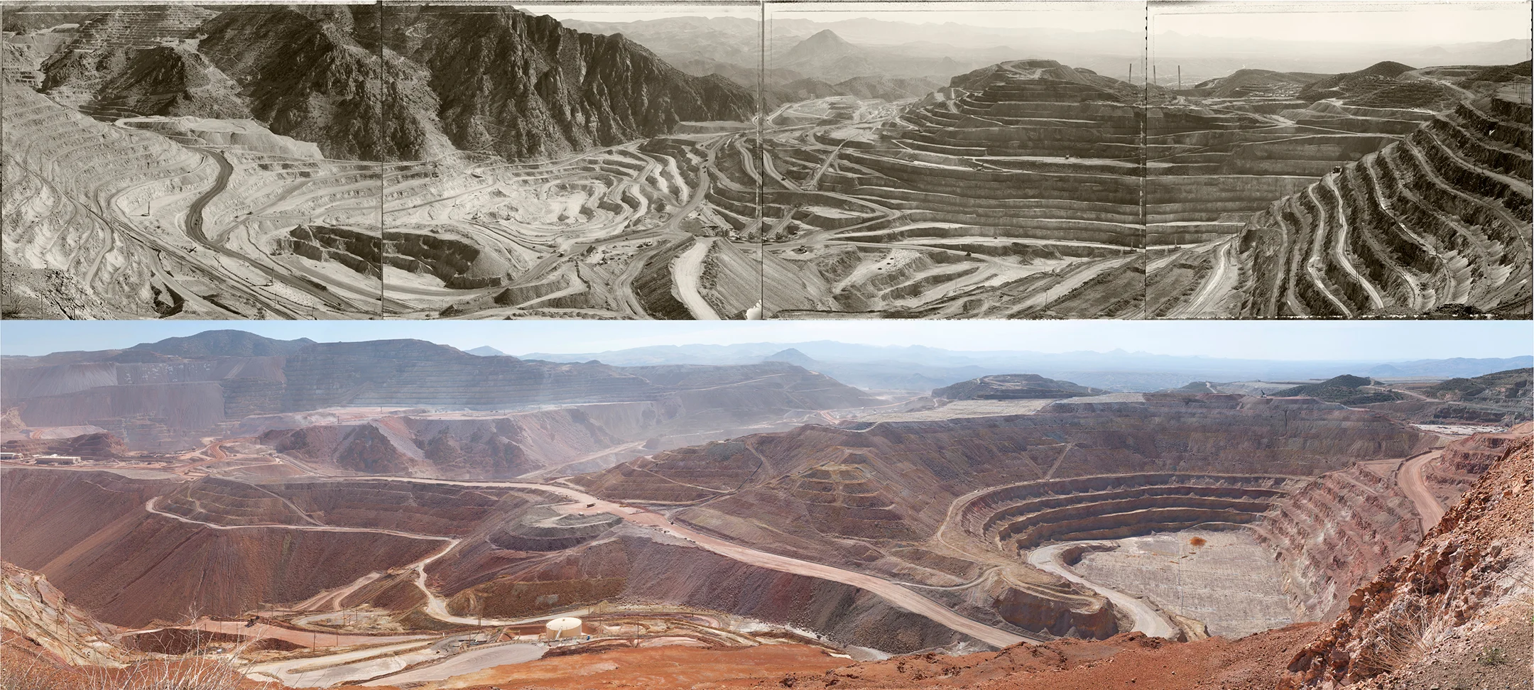 Morenci open pit copper mine, Arizona, 1989 (top) and 2012