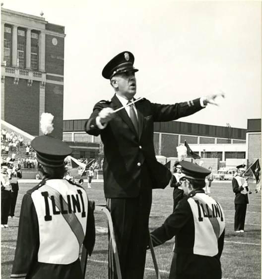 Harry Begian conducting the Marching Illini (Fall 1972). Harry Begian Papers, 1926-97. Sousa Archives and Center for American Music, University of Illinois at Urbana-Champaign.