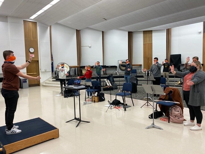 Dr. Peterson's Advanced Conducting and Rehearsal Techniques course has been hard at work. Here Ben Macke leads the class in practicing the Malko Conducting Exercises made famous by Elizabeth Green.

University of Illinois School of Music