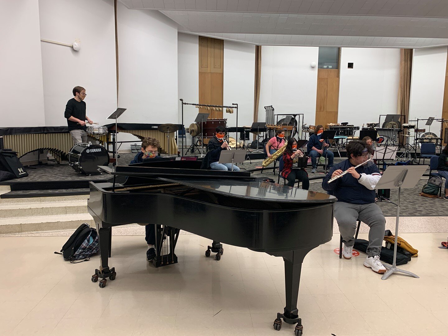 The Hindsley Symphonic Band started new music this week for their second cycle! Pictured is a chamber group led by master's student Tim Loman is reading &quot;Sharp 9&quot; by Omar Thomas. These students will work on this blues tune and explore impro