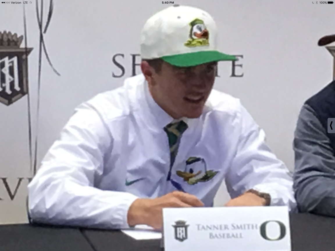 Tanner Smith 2018 Outfielder signing national letter of intent to play baseball at the University of Oregon