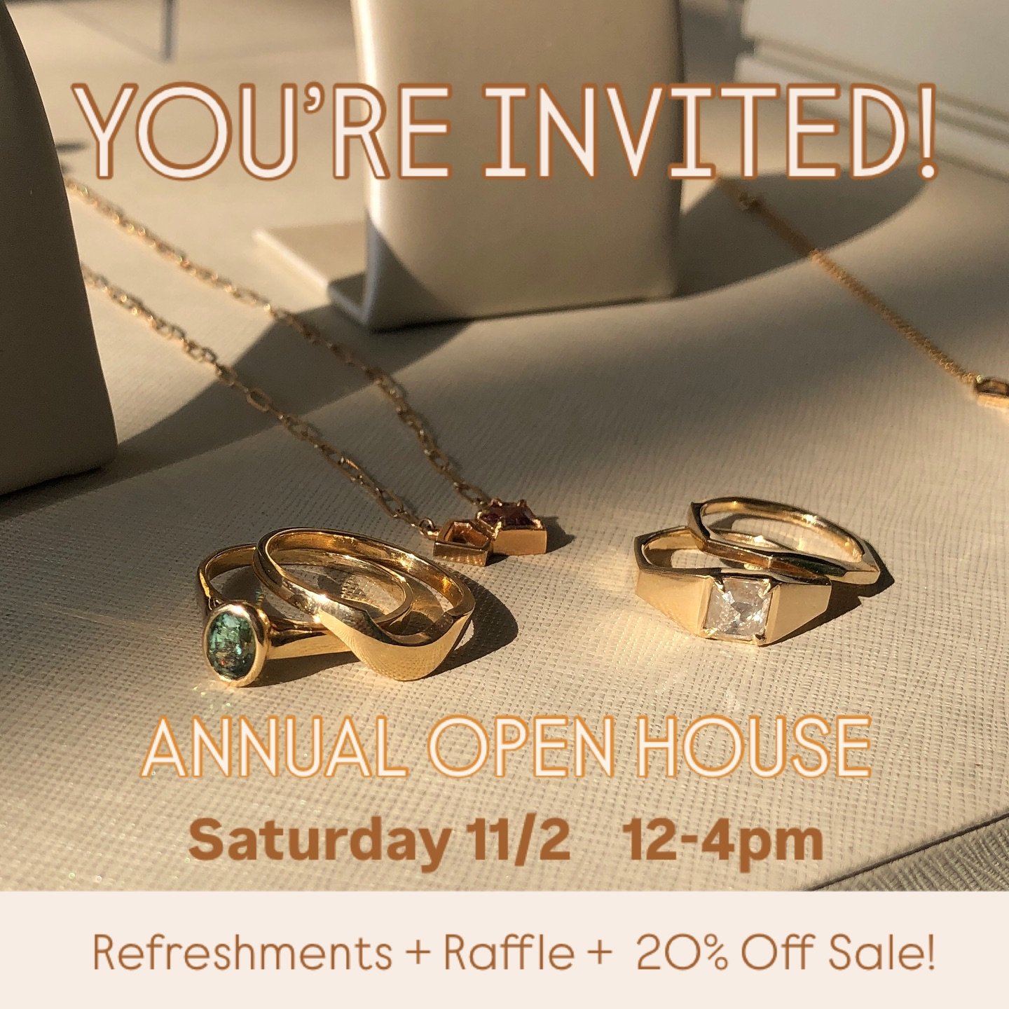 Please join me at the studio on Saturday, November 2nd for my annual open house! This event will debut a collection of *new* one of a kind pieces. I&rsquo;ll be raffling off a very special piece of jewelry, and all in stock jewelry (with the exceptio