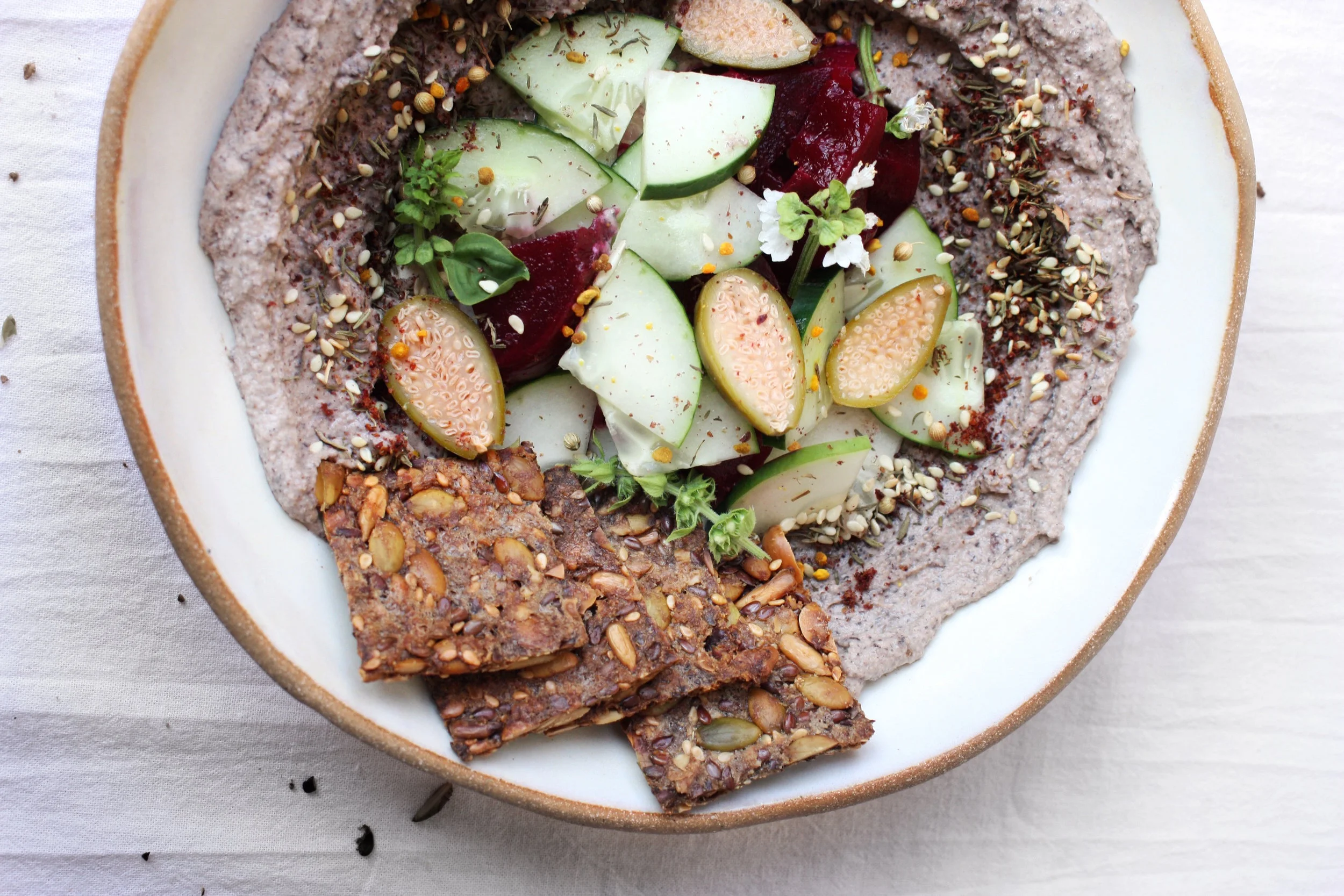 Sprouted Black Bean Hummus + Leftover Nut Pulp Crackers (gluten-free)