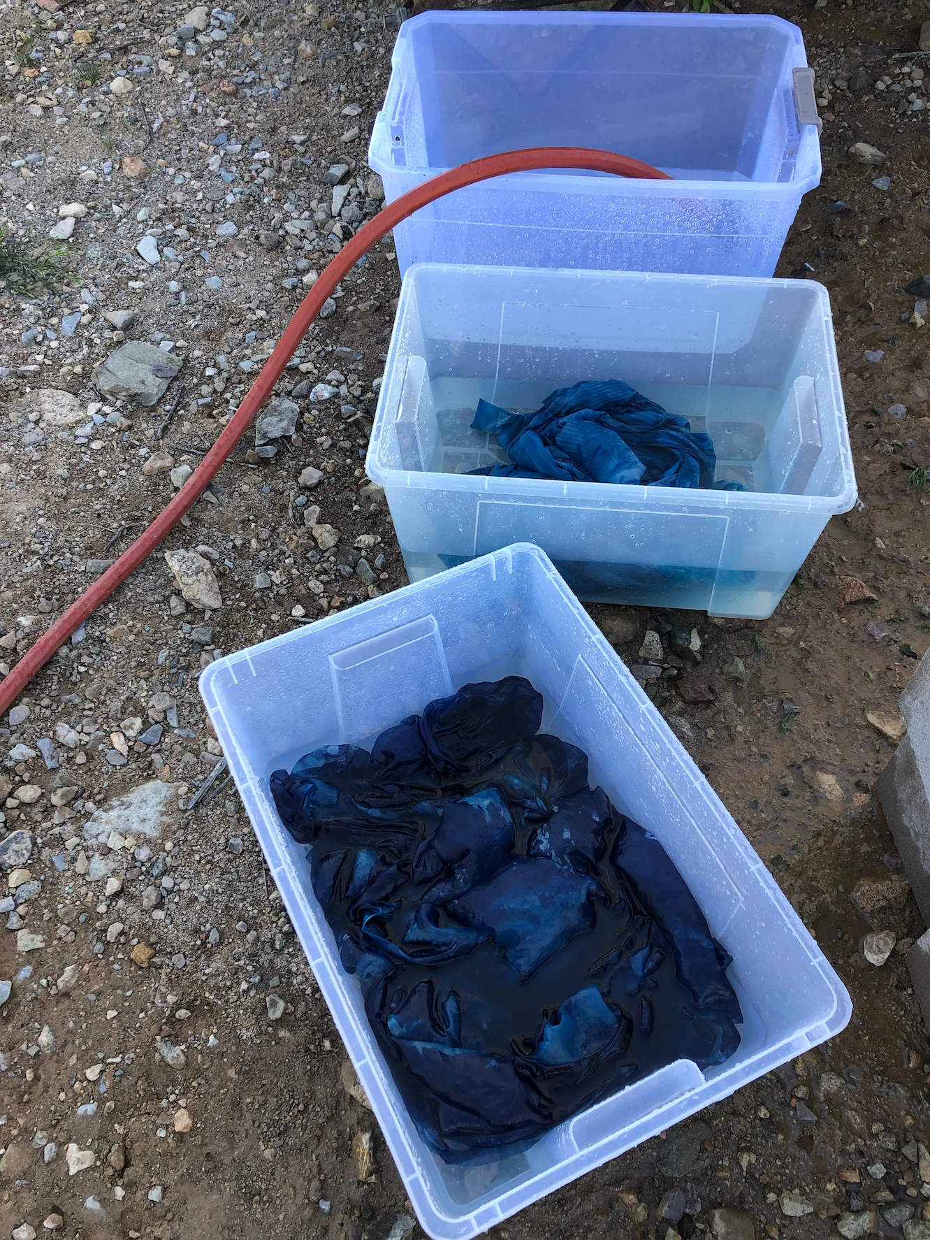 The exposed fabric was developed and rinsed with water, in shade, using my patented “3-bucket method.”