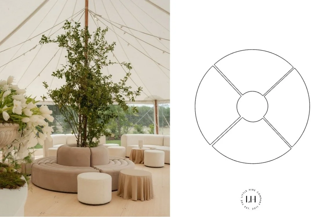 Modular sofa floorplan with real photo of the same setup at a wedding with tree in the middle