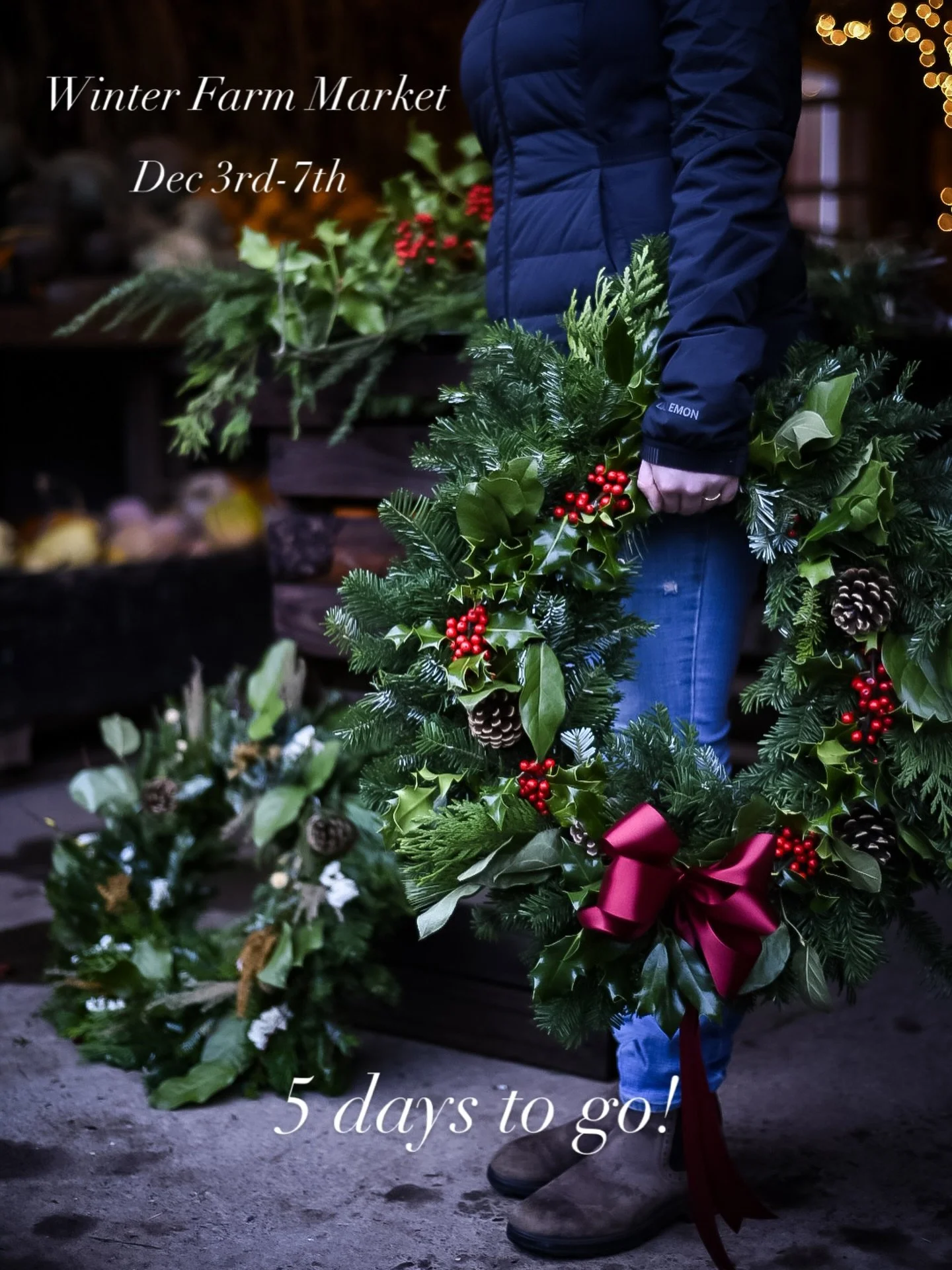 🌲 Farm Update &mdash; Nov 27 🌲
Wreaths, dried blooms, lavender bundles&hellip; the barn is changing a little more every day. White lights now twinkle in the rafters, evergreens bring that fresh winter scent, and our Harvest Halo chandelier is final