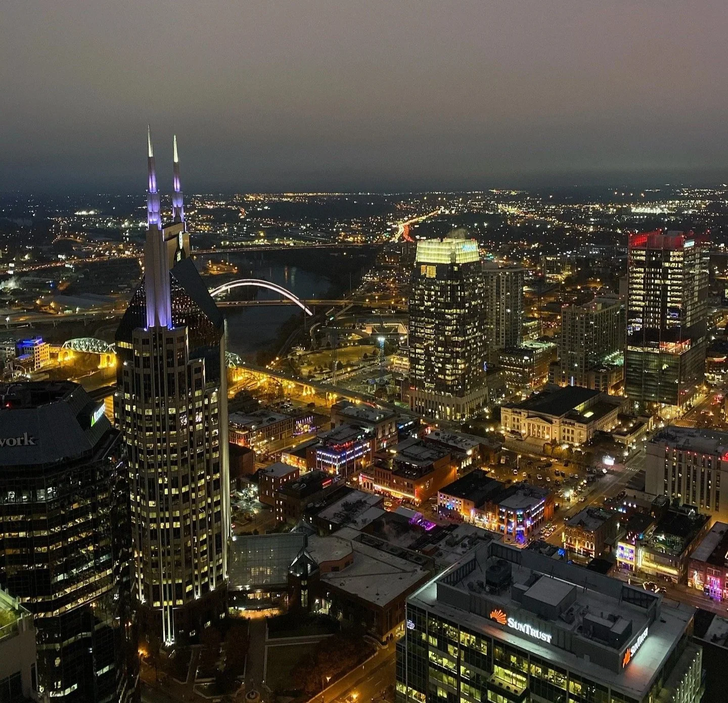 Night time drone view of Nashville, Tennessee.