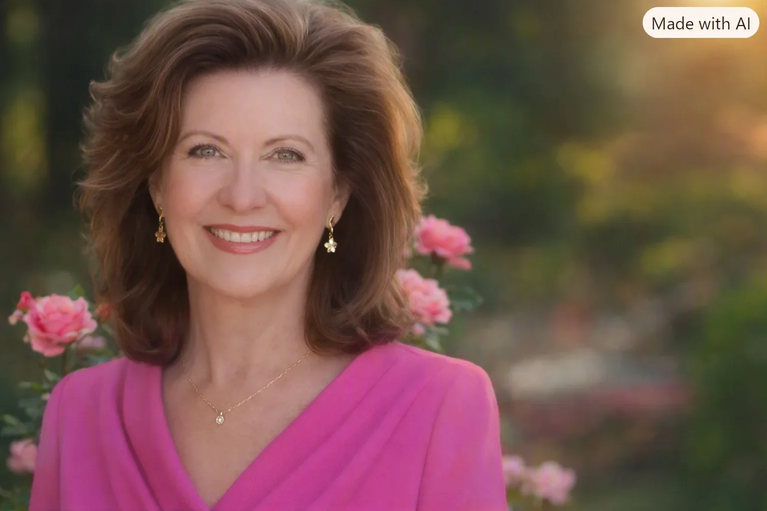 Debra Gordy in a pink wrap top in front of roses in a garden