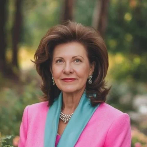 Close up of Debra Gordy in pink jacket with turquise collar in a forest setting