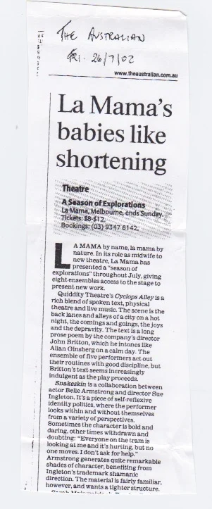 'Snakeskin' Written & Performed by Belle Armstrong at La mama. Directed & dramaturged by Sue Ingleton