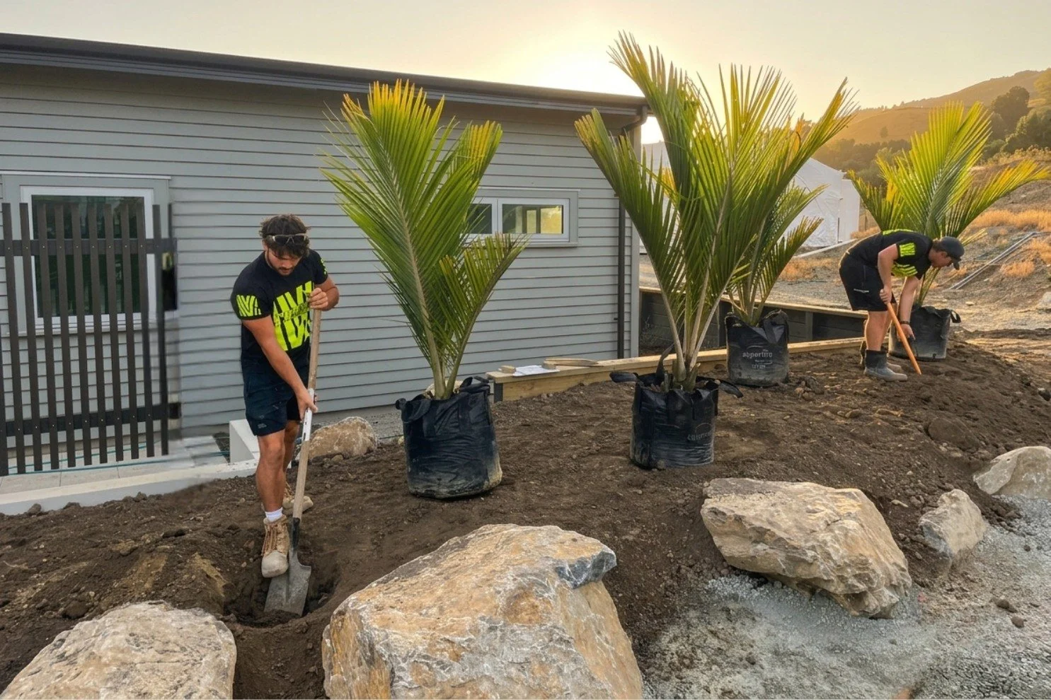 On-site at Olive Estate Lifestyle Village. The team is busy getting the heavy lifting done this week, installing a new swale and planting these beautiful Nīkau Palms 🌿