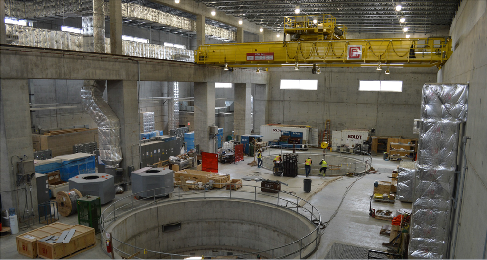   Inside Red Rock Hydroelectric Project powerhouse, before turbine-generators installed. Reprinted with permission of Missouri River Energy Services.  