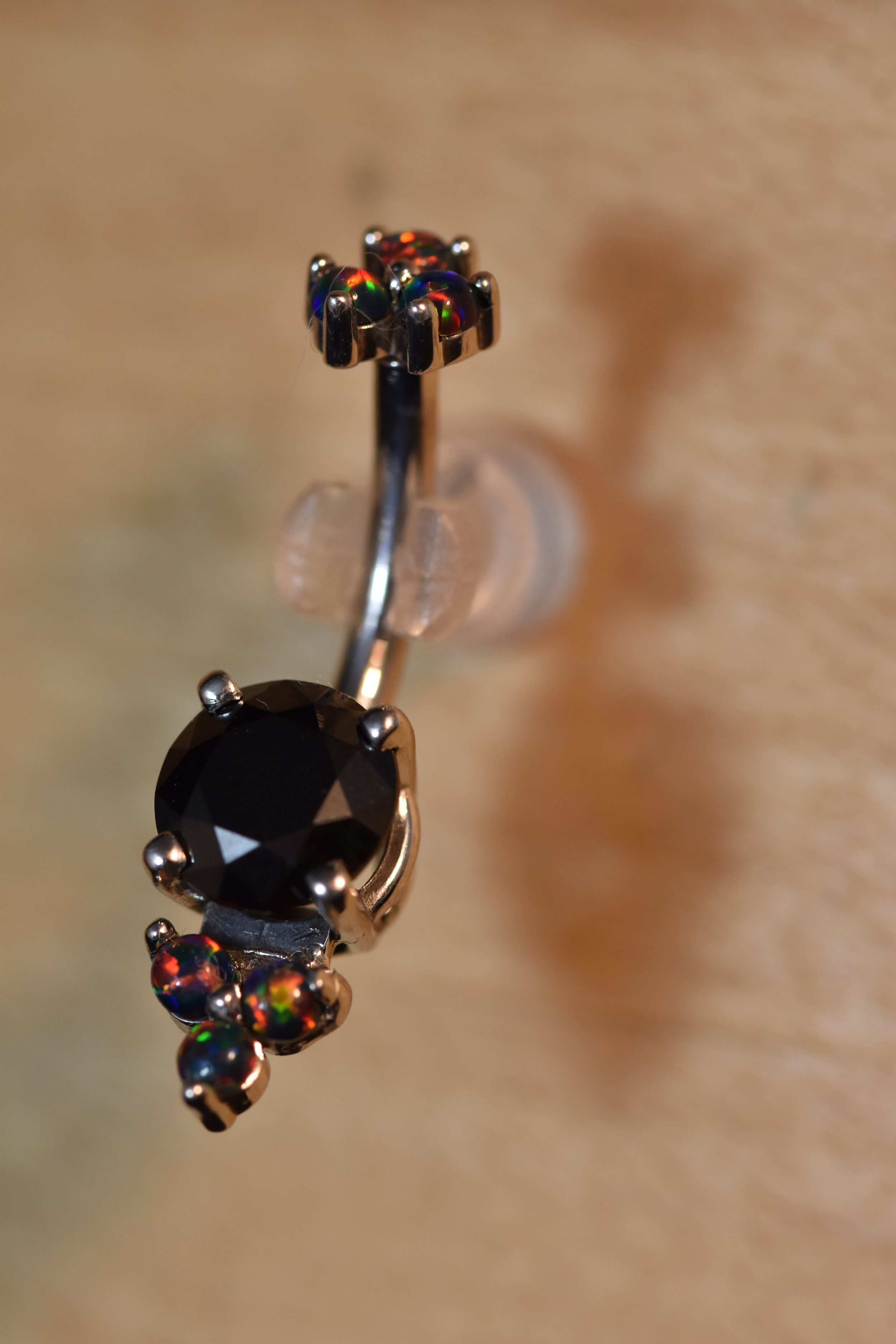 Body Gems White Gold and Black Opals Navel Jewelry