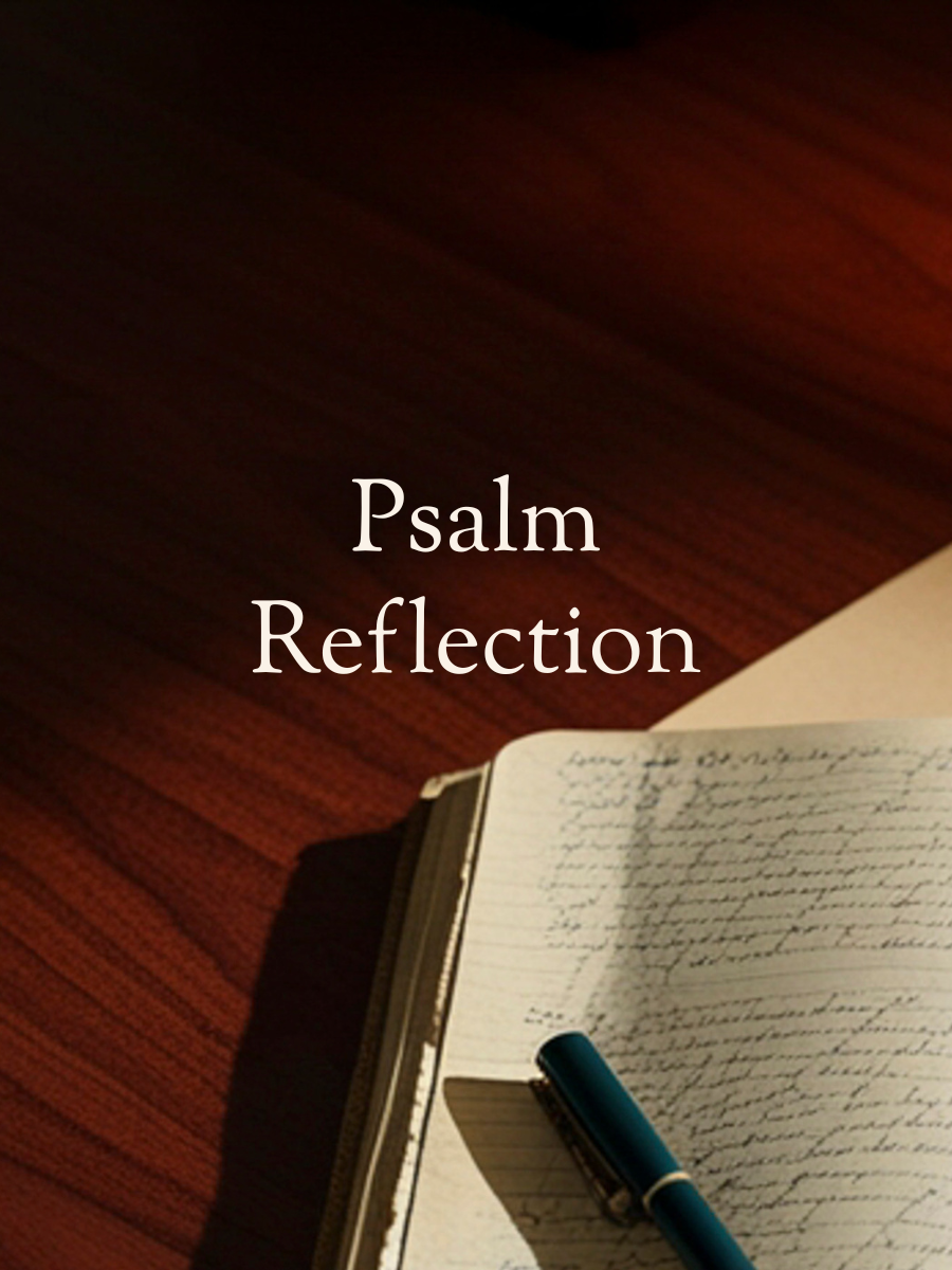 An open journal with handwritten notes, a blue pen, and sunlight casting shadows on the pages, with the text 'Psalm Reflection' overlaid on the image.