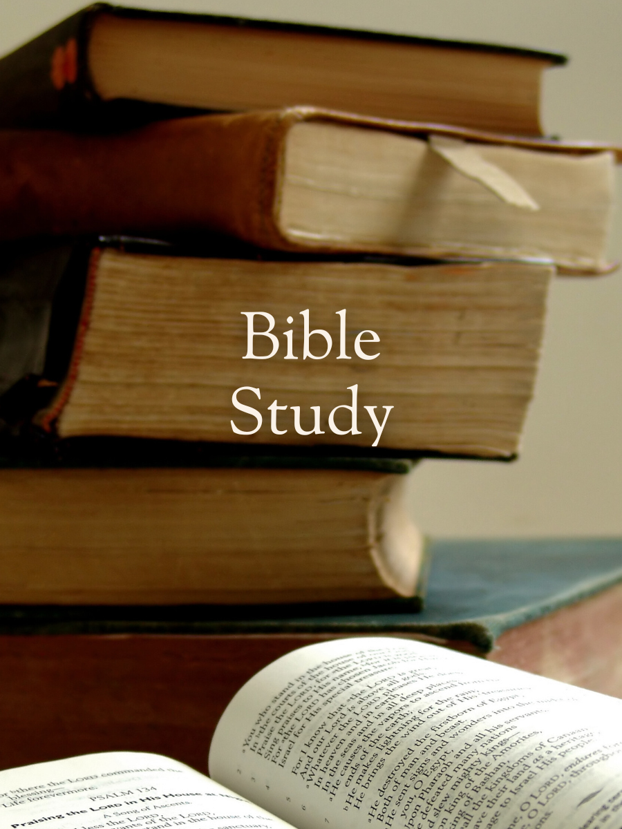 A stack of hardcover books on a table, with one open Bible in the foreground showing text, and the words "Bible Study" overlayed on the image.