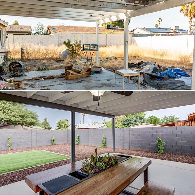 Easiest way to dress up a back yard? 
1. Low maintenance rock/gravel with selective bushy things.
2. A tasteful patch of turf (particularly well-suited for us desert dwellers).
3. Paint the fence. Paint it good.

BOOM. Done-zo. By the way, the sky in