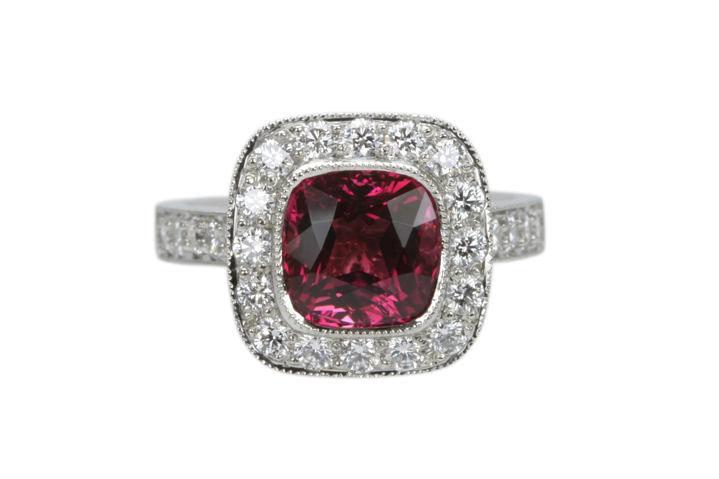 Chris Lewis Jewellers Pink Tourmaline Diamond Halo Ring