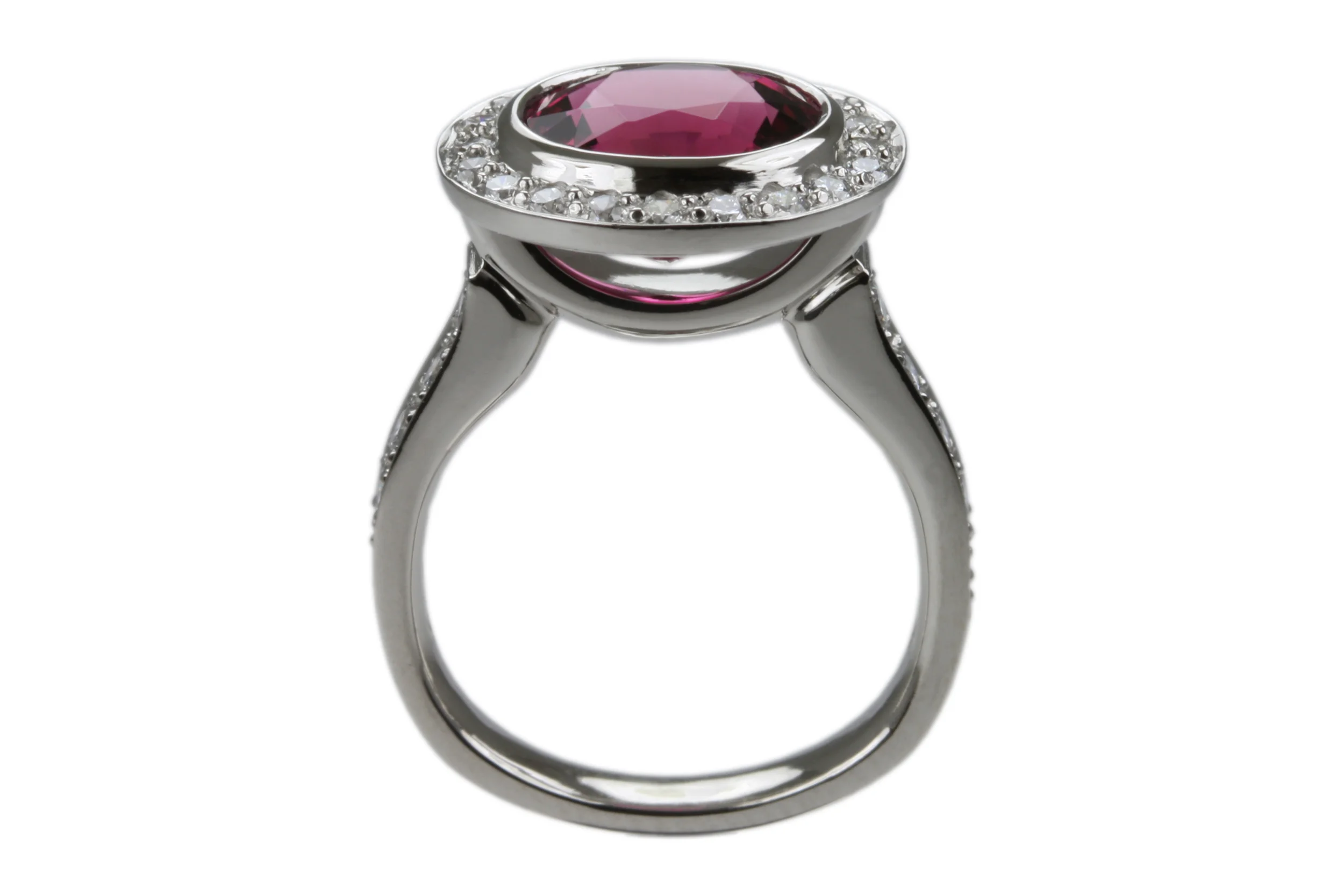 Chris Lewis Jewellers Pink Tourmaline Diamond Round Halo Ring