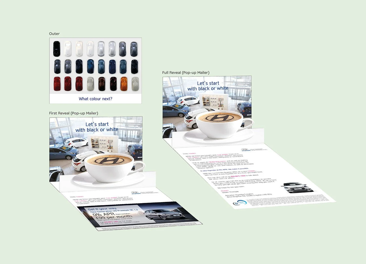   Monthly Mailer – Idea  Send a warm, personal invitation for customers to drop by for a coffee and a chat. Delivered through a tactile pop‑up mailer, the reveal of a steaming coffee cup inside the showroom sets the tone — approachable, human and cen