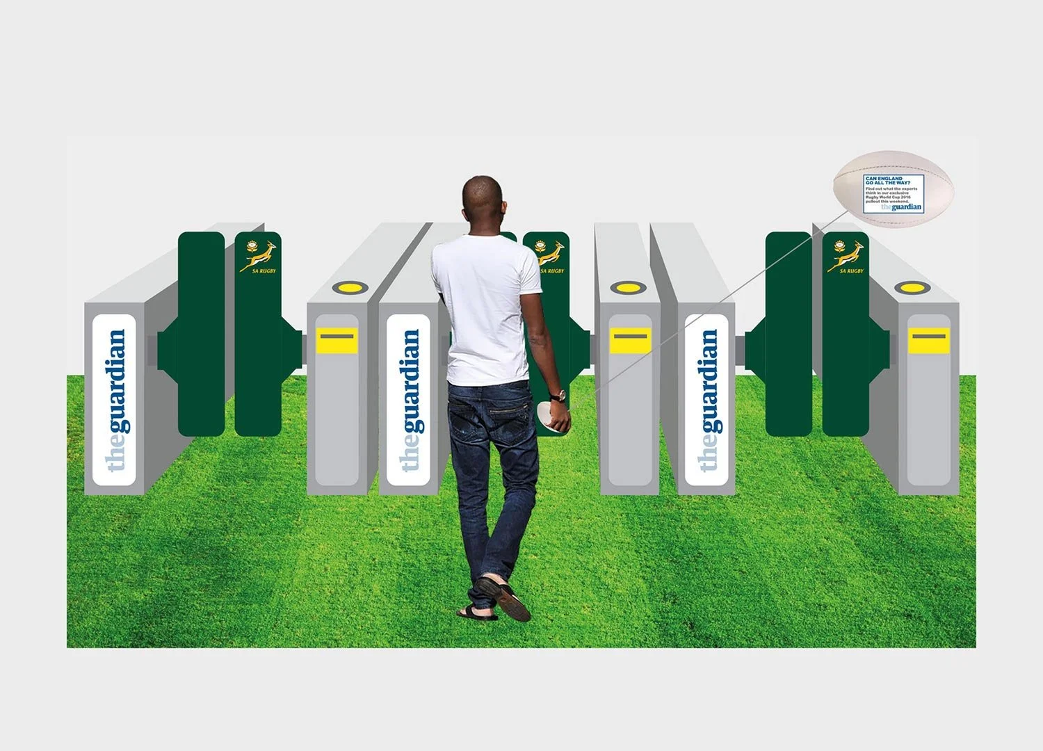   Rugby World Cup – Idea  Transform Underground barriers into the kit colours of the teams England are set to face, turning the morning commute into a playful World Cup encounter. Events staff hand out mini rugby balls printed with the question  “Can