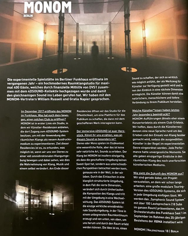 Thanks to @groove_mag for featuring MONOM in their August/September issue. It's been an incredible 9 months! Since our opening last December we've presented 25 @4dsound compositions developed at MONOM and we're just about to unveil the Symphonic Soun