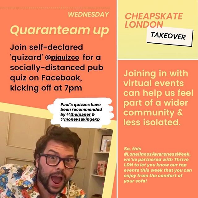 Thank you to @cheapskate.london &amp; @thriveldn for promoting the quizzes! Come and join me at 7pm on my pjquizco Facebook page every Wednesday &amp; Sunday until I am back hosting live in pubs (whenever that will be!) Join the video with a piece of
