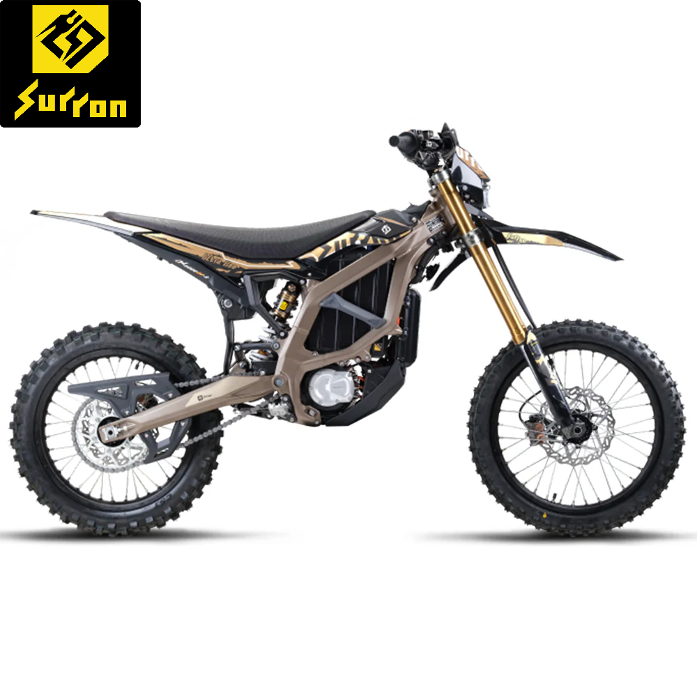 An electric dirt bike with a black, gold, and matte gray color scheme, featuring knobby tires and a lightweight frame, set against a white background with a SurRon logo in the top left corner.