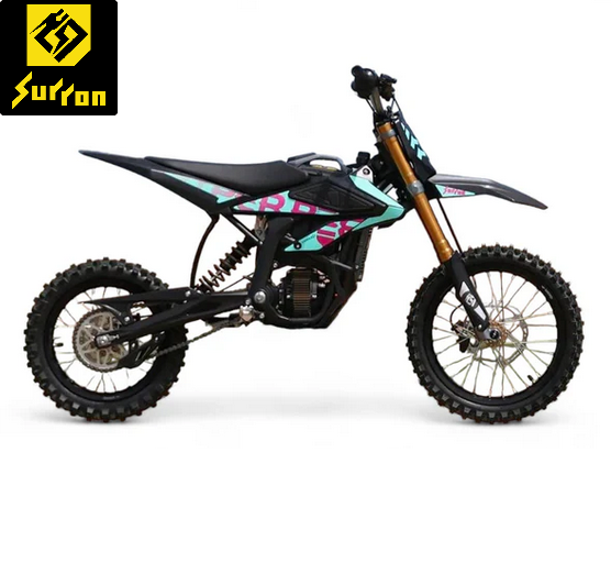 A black and turquoise Sur Ron electric dirt bike with knobby off-road tires and gold front suspension forks.