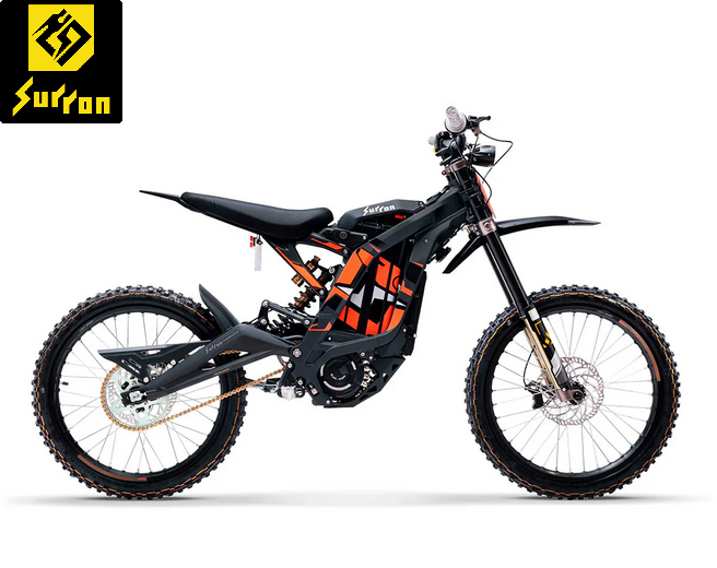 Electric mountain bike with black and orange design and SurRon logo in top left corner.