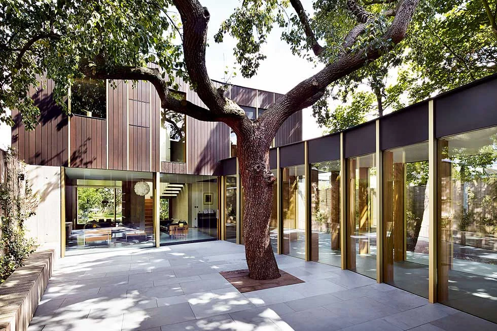 The courtyard of this self build was designed to preserve a 100-year old pear tree, and to create a private outdoor space. Image Source: Homebuilding & Renovating
