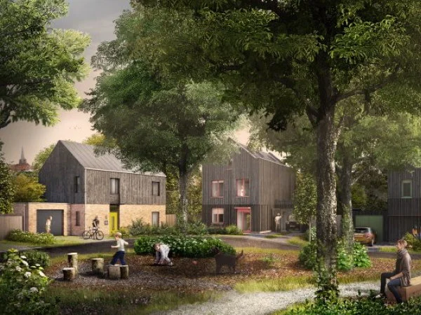 Pound Lane is a custom build development of 12 houses Laindon, Essex, in collaboration with three award winning architects set within a mature woodland.