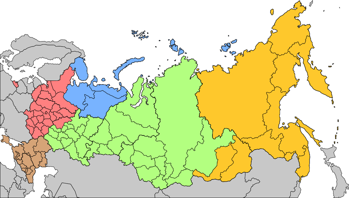 Russian Military Districts RED = WEST BROWN = SOUTH GREEN = CENTER ORANGE = EAST BLUE = NORTH (STRATEGIC DIRECTION, NOT DISTRICT)