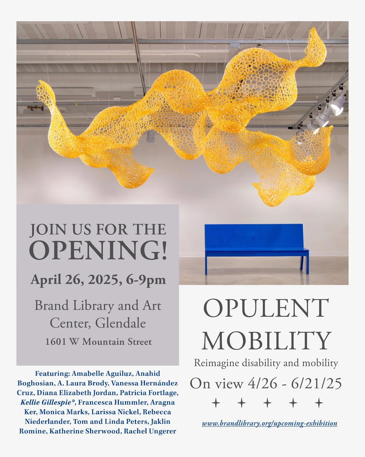 Can&rsquo;t wait to see all your beautiful faces this Saturday, April 26, 6&ndash;9pm at the Brand Library in Glendale! 🦋

So honored to be part of Opulent Mobility&mdash;an exhibition that reimagines disability through powerful, thoughtful art ✨

M
