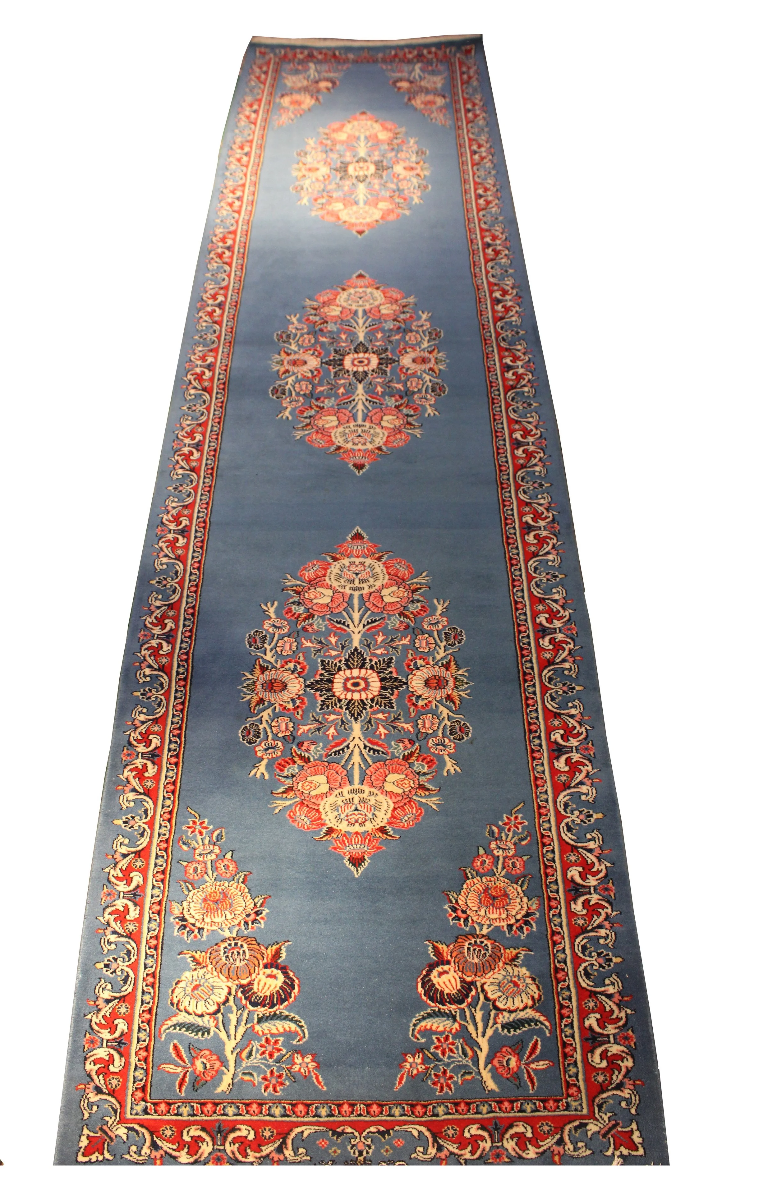 42823 IRAN TABRIZ WOOL BLUE THREE MEDALLION RUNNER 3.2X0.92MTR 10.3X3.0FT QR9,975.