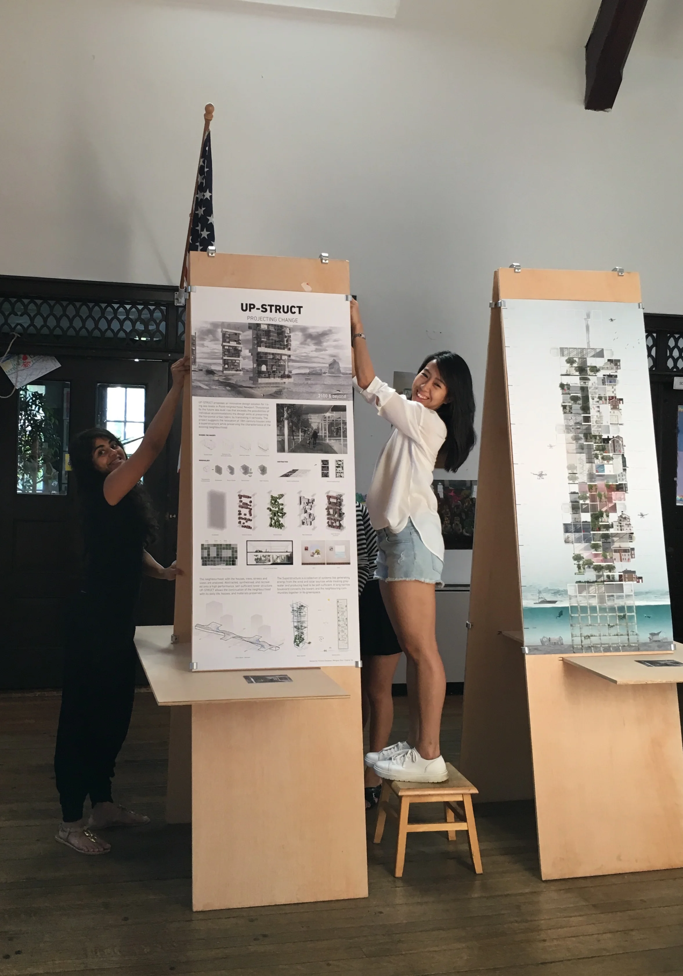 INSTALLING STUDIO WORK AT EXHIBIT FOR EMMANUEL CHURCH, NEWPORT