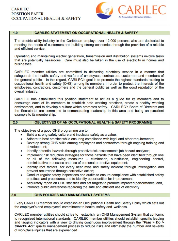 CARILEC Position Paper on Occupational Health & Safety - CARILEC 2016